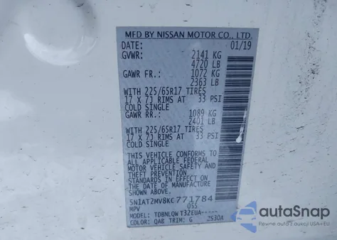 2019 Nissan Rogue Sv z USA, uszkodzony, nr VIN 5N1AT2MV8KC771784